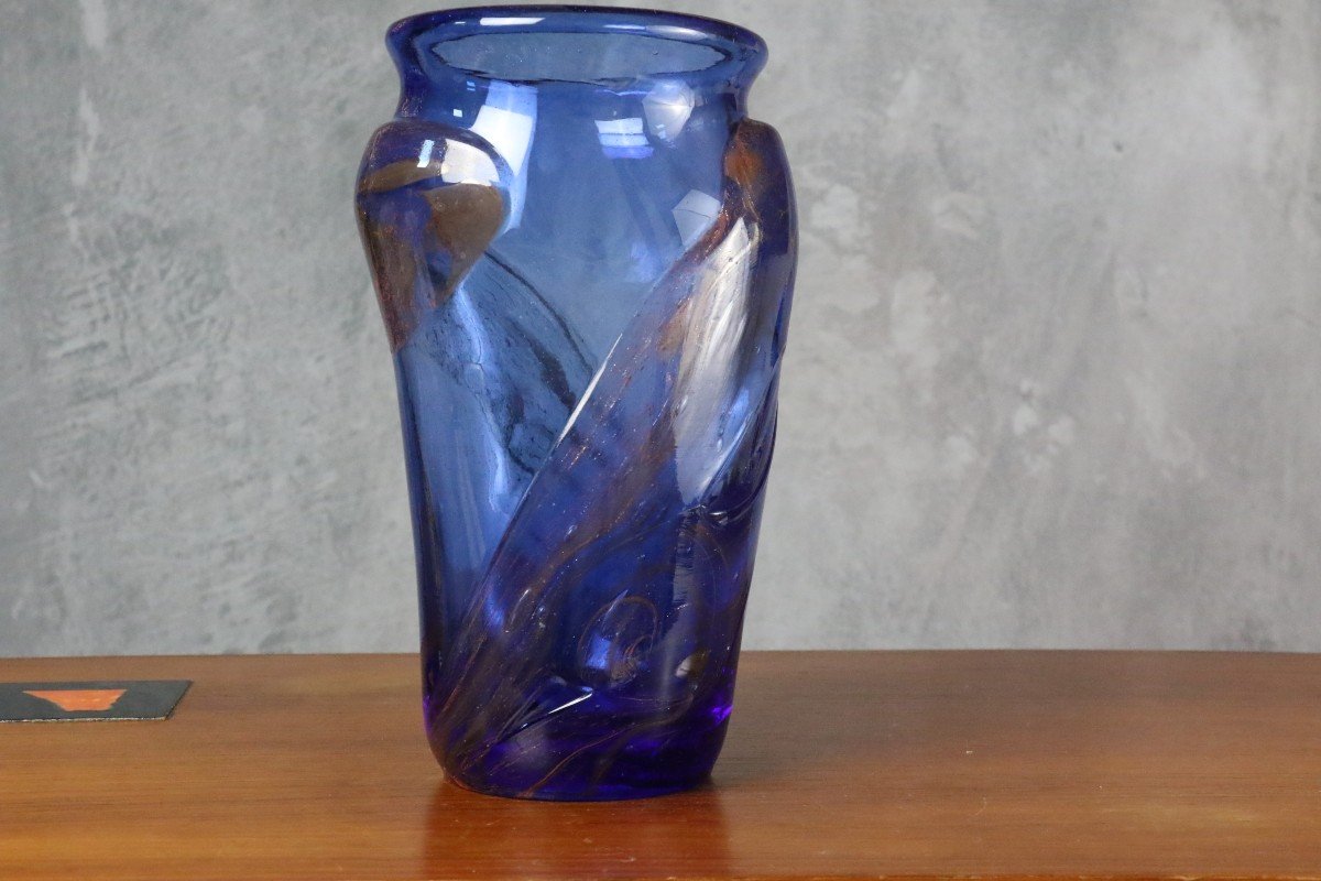 Grand Vase Bleu En Verre Par Raymond Winnowski - Era Begou Novaro Monod-photo-2