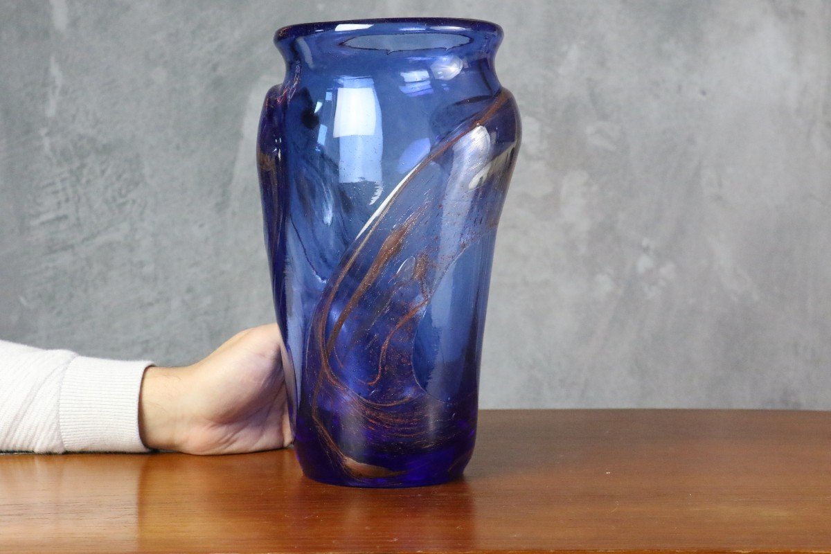 Grand Vase Bleu En Verre Par Raymond Winnowski - Era Begou Novaro Monod-photo-4