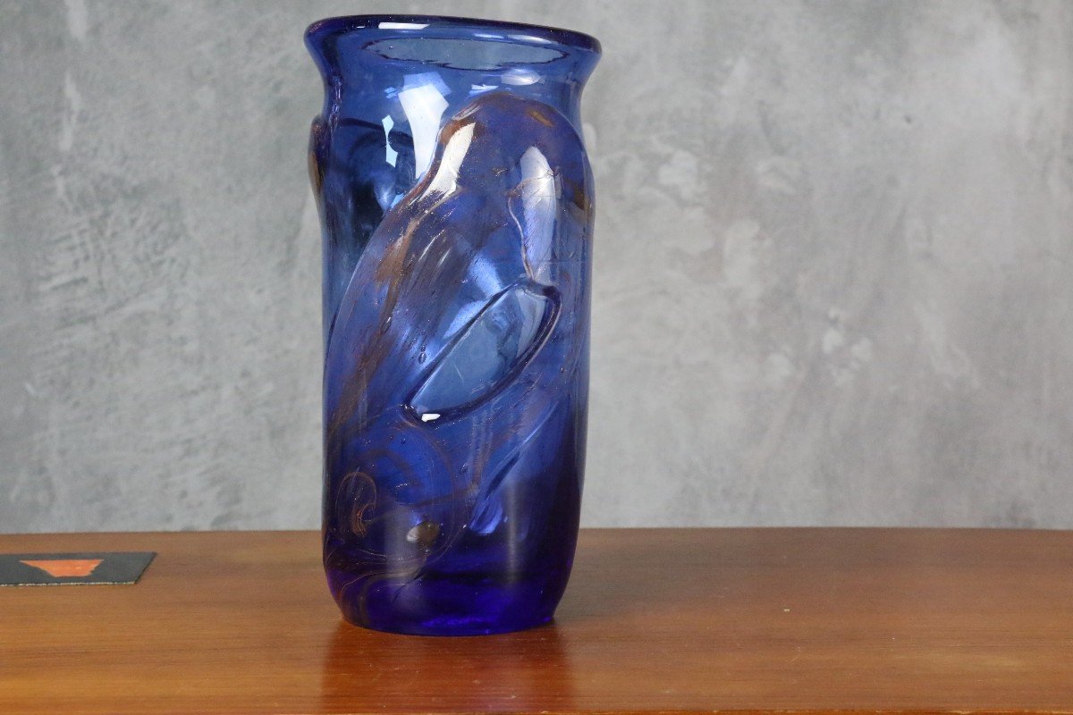 Grand Vase Bleu En Verre Par Raymond Winnowski - Era Begou Novaro Monod-photo-1