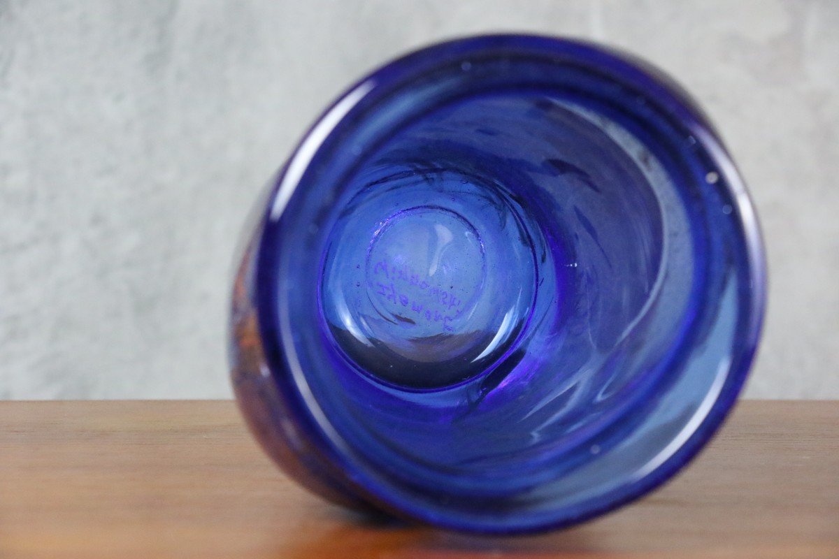 Grand Vase Bleu En Verre Par Raymond Winnowski - Era Begou Novaro Monod-photo-3