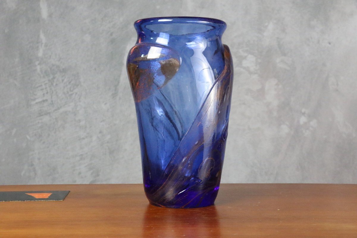 Grand Vase Bleu En Verre Par Raymond Winnowski - Era Begou Novaro Monod-photo-6