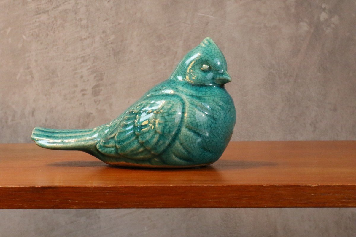 1930 - Oiseau Art Déco En Céramique Craquelée Vert - Dlg Lemanceau-photo-5