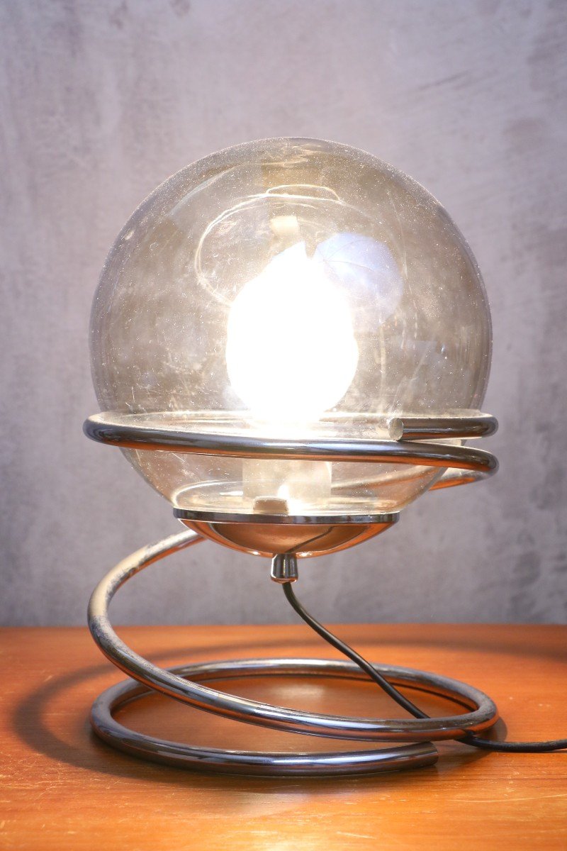 Table Lamp In Chromed Metal And Globe Dlg Guzzini - Space Age 1970s-photo-4