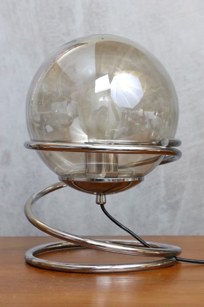 Table Lamp In Chromed Metal And Globe Dlg Guzzini - Space Age 1970s-photo-1