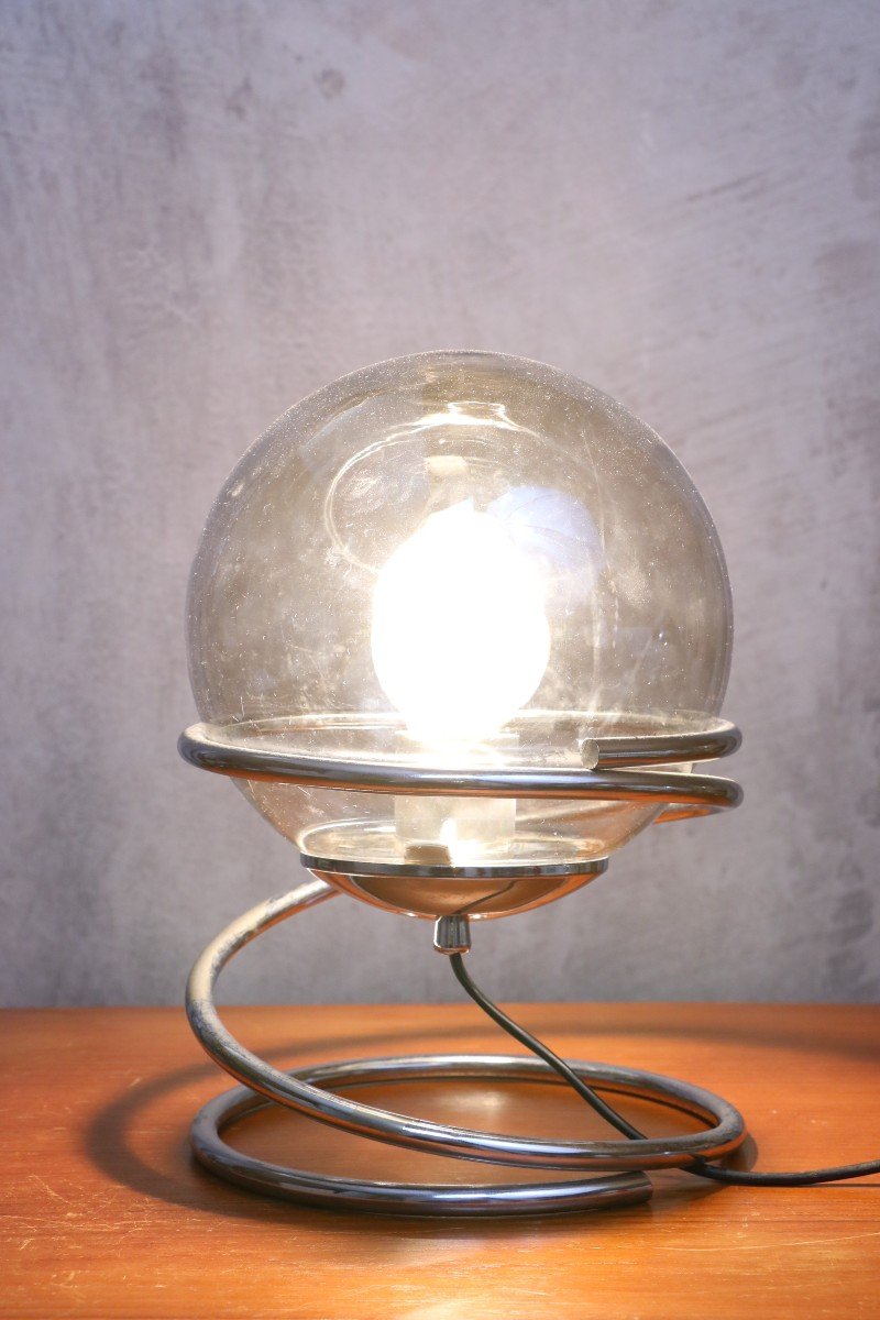 Table Lamp In Chromed Metal And Globe Dlg Guzzini - Space Age 1970s-photo-3