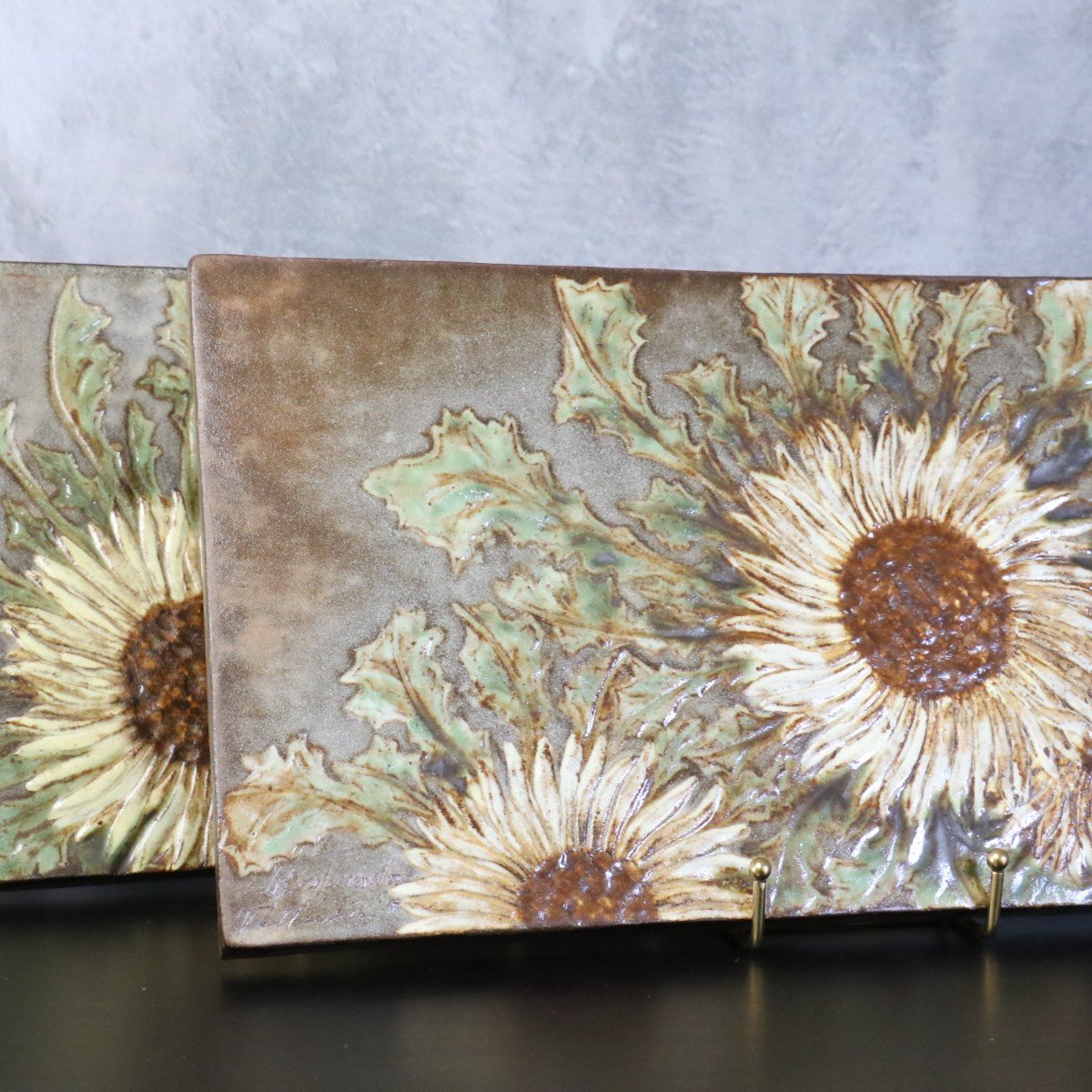 Pair Of Ceramic Plates Decorated With Sunflowers By A.kostanda, 1960, Vallauris