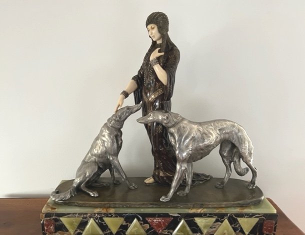 Woman With Greyhounds Signed Louis Riché-photo-2