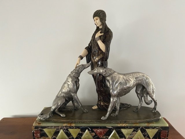 Woman With Greyhounds Signed Louis Riché-photo-1