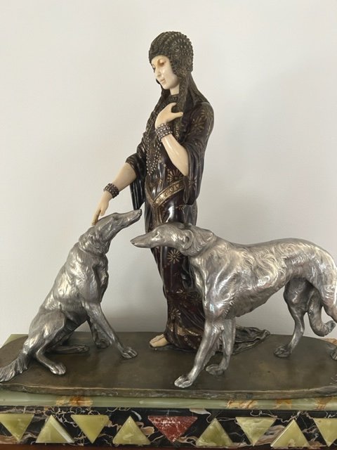 Woman With Greyhounds Signed Louis Riché-photo-2