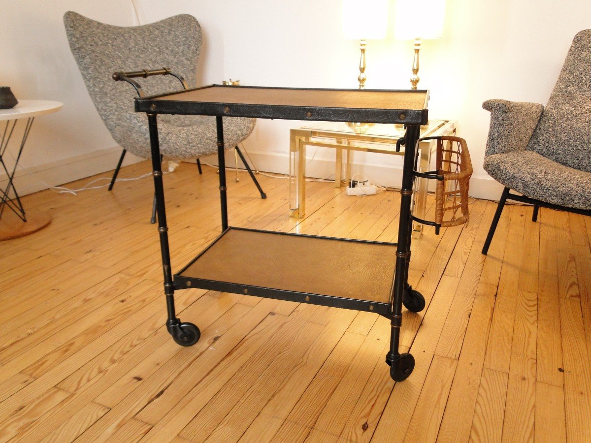 Jacques Adnet Bar Service Trolley In Black Stitched Leather And Wicker-photo-2