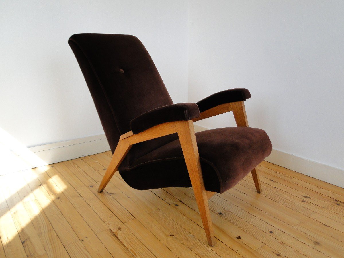 Aubergine Colored Velvet French Lounge Armchairs, France, Mid Century-photo-2