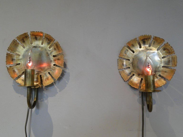 Pair Brutalist Brass Wall Lamps By Svend Aage Holm Sorensen 1960 Denmark-photo-2