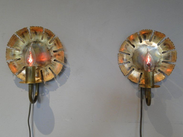 Pair Brutalist Brass Wall Lamps By Svend Aage Holm Sorensen 1960 Denmark-photo-3