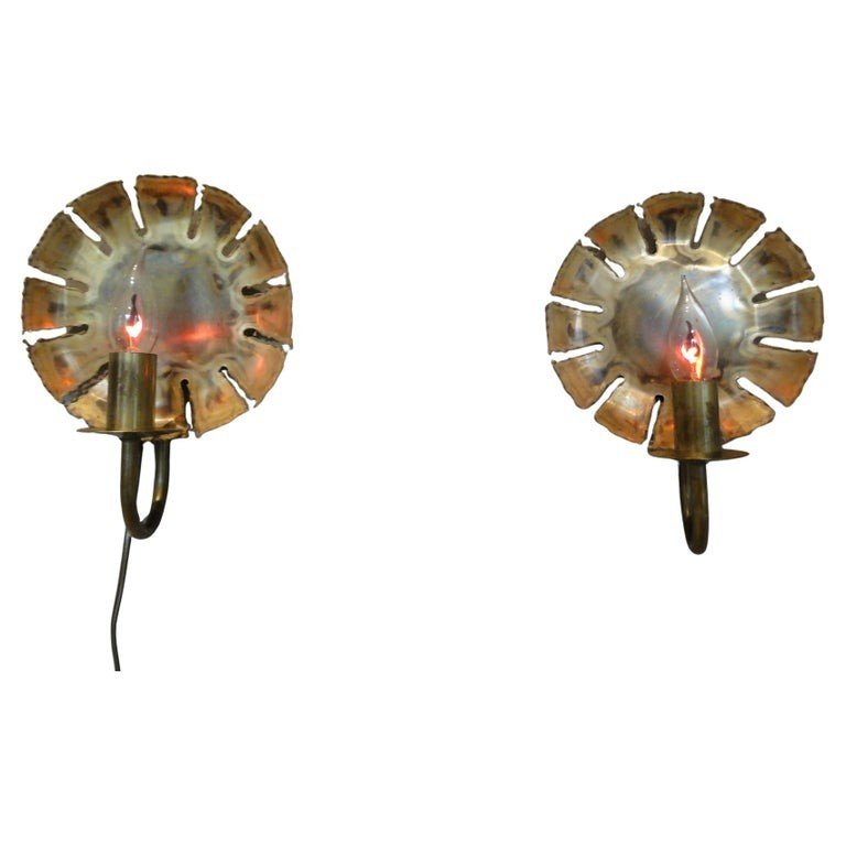 Pair Brutalist Brass Wall Lamps By Svend Aage Holm Sorensen 1960 Denmark-photo-6