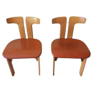 Pierre Cardin 2 Chaises De Salle à Manger En Noyer Et Cuir