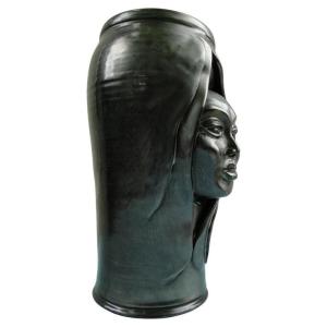 Vase Noir Anthropomorphe En Céramique  Des Années 1950 France