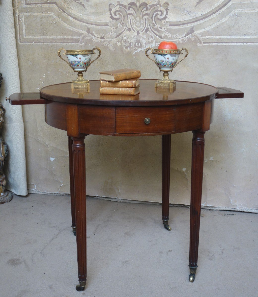 Table De Salon " Bouillotte" En Acajou, Plateau De Bois Début XIXème 