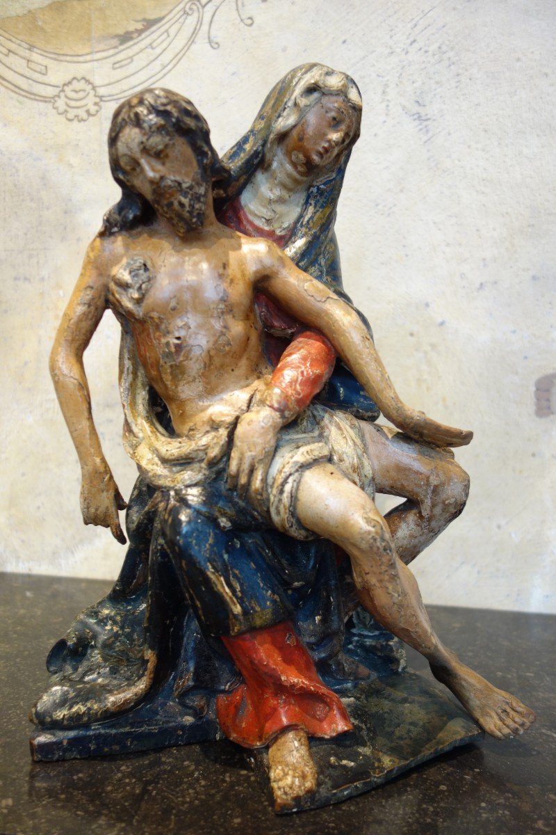 Rare Pieta En Bois Polychrome Du XVIIIème-photo-6