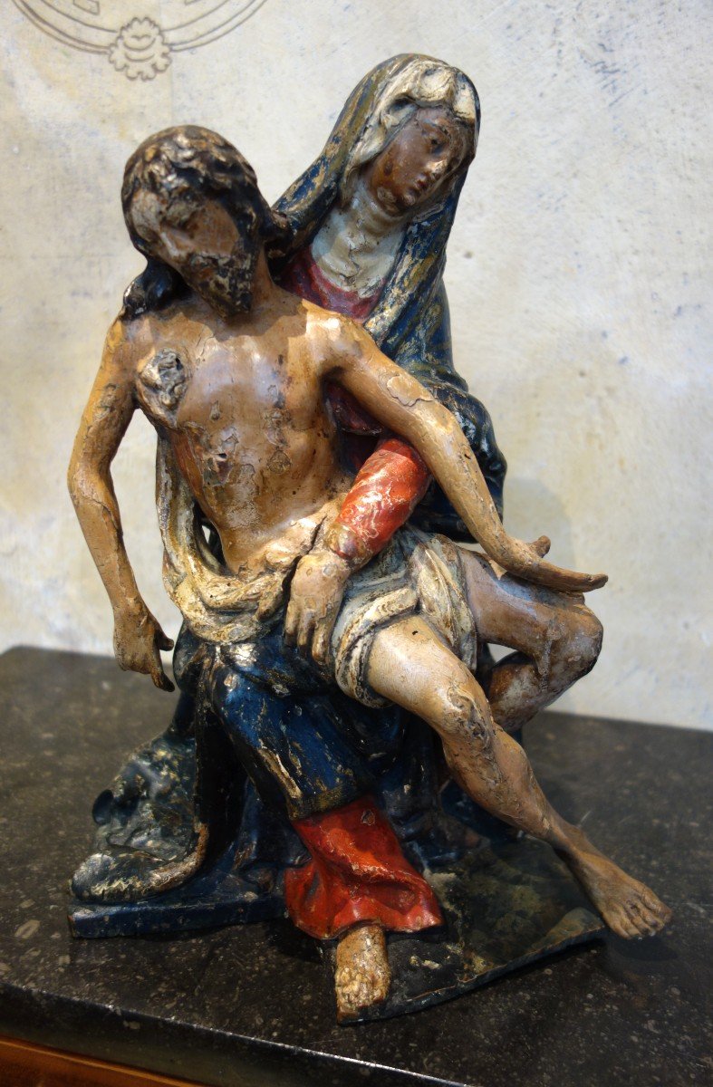 Rare Pieta En Bois Polychrome Du XVIIIème