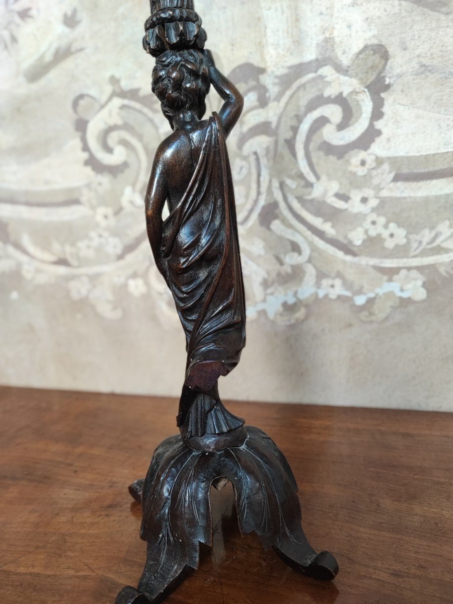 Statuette Of Man In Carved Wood Forming Flambeau Nineteenth-photo-4