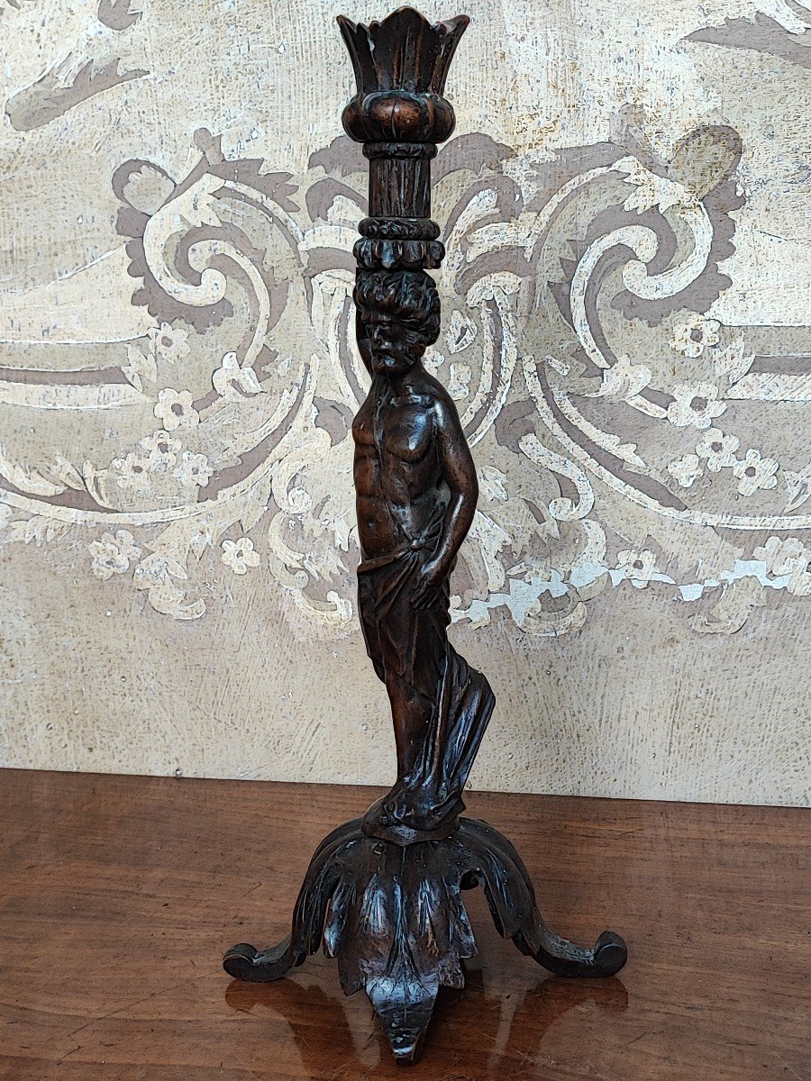 Statuette Of Man In Carved Wood Forming Flambeau Nineteenth-photo-3