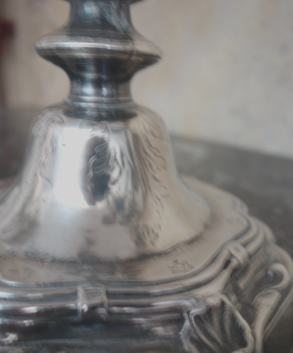 Pair Of Large Candlesticks With Three Arms Of Light In Silver Bronze XIXth Century-photo-1