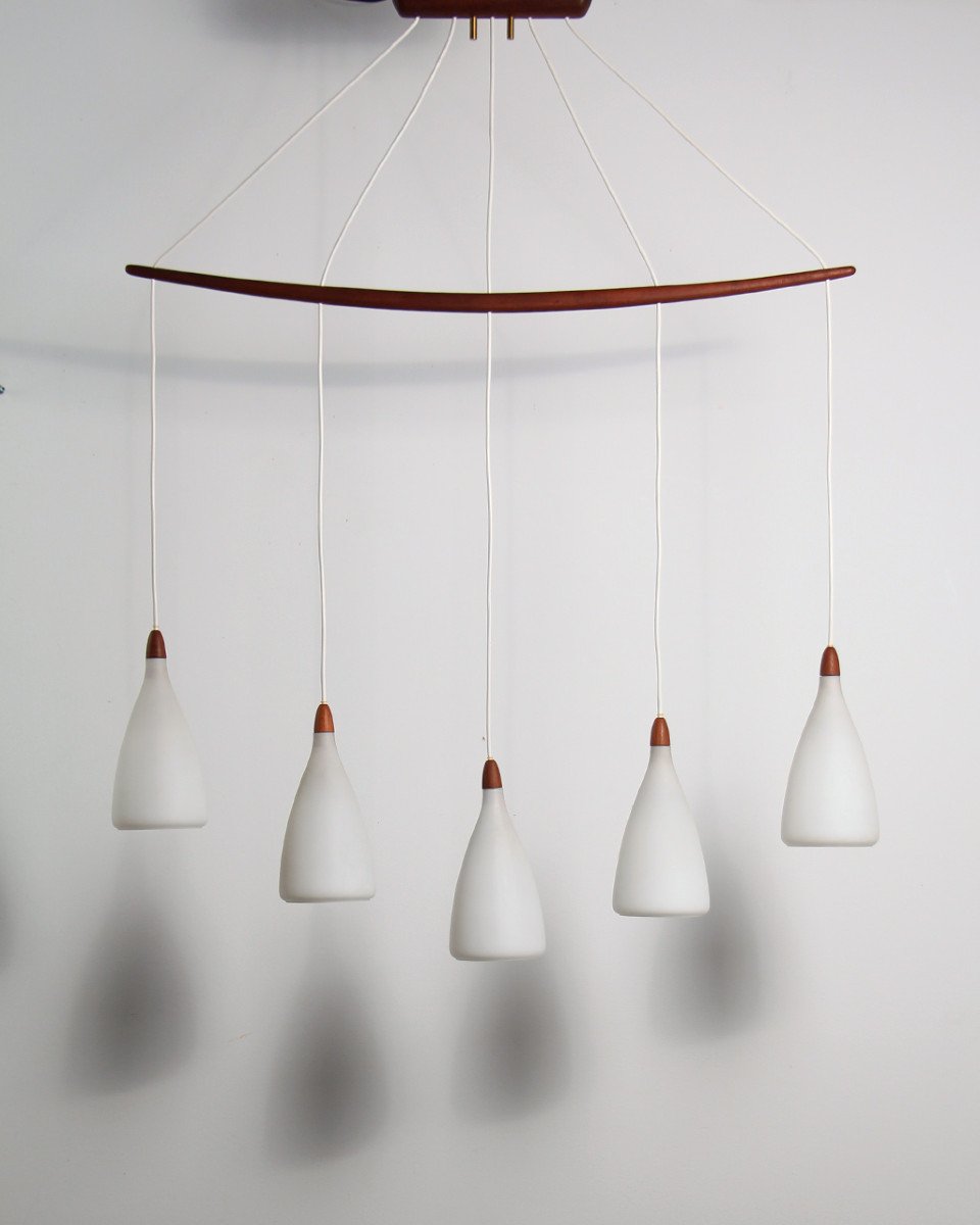 Large Scandinavian Teak And Opaline Chandelier 5 Lights 