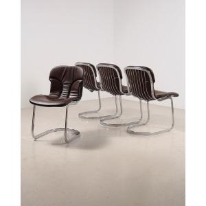 Lot De 4 Chaises Cidue -cuir Chocolat- Italie 1970