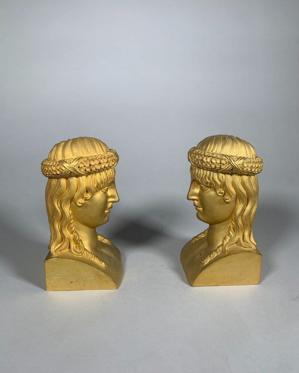 Paire De Bustes En Bronze Doré Fin XVIIIème Siècle époque Directoire-photo-2