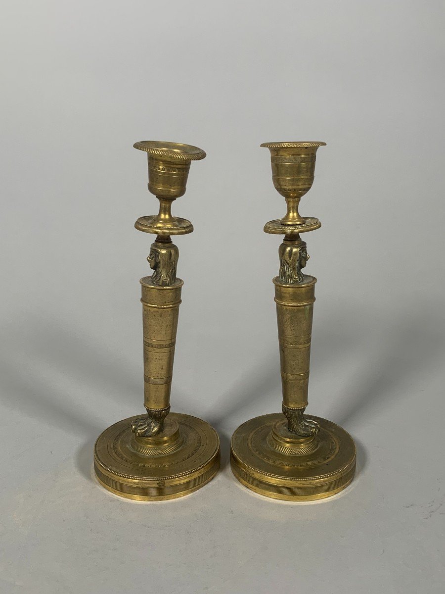 Bronze Candlesticks From The Empire Period Said "return From Egypt" Early 19th Century.-photo-2