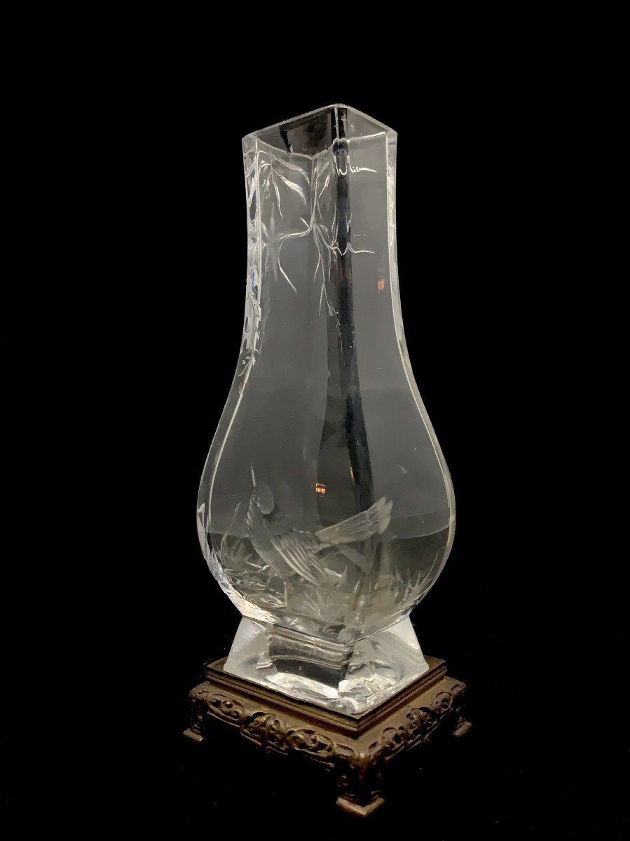 Japanese Engraved Crystal Vase Attributed To Made By Maison l'Escalier De Cristal -photo-2