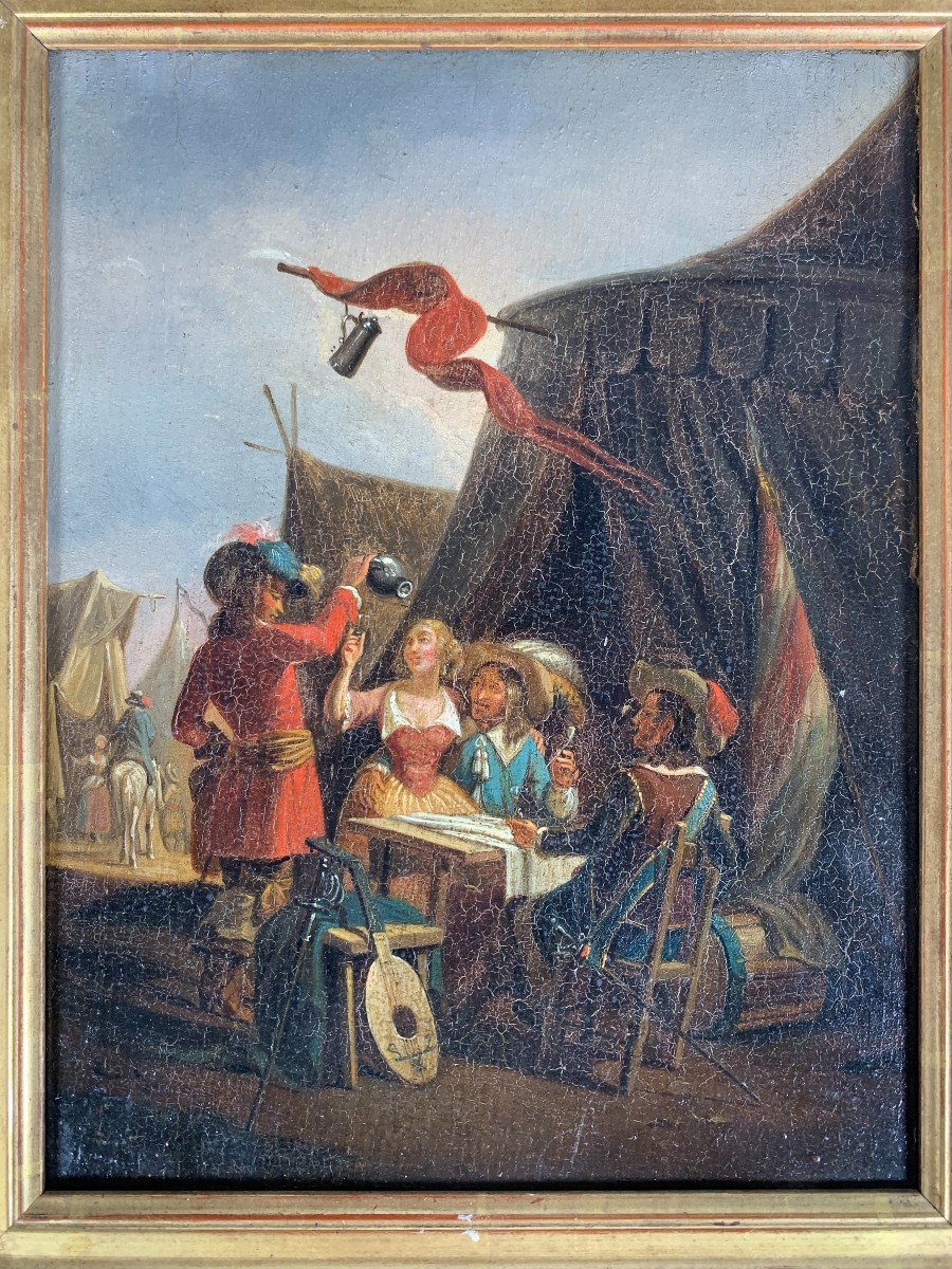 Flemish School (17th-18th Century) - Bivouac At The Military Camp Oil Painting On Wood-photo-3