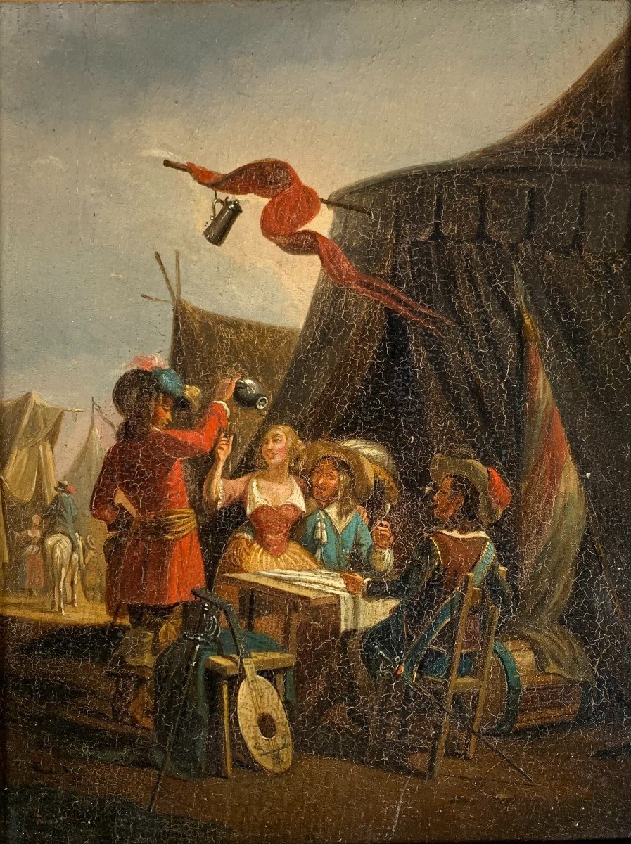 Flemish School (17th-18th Century) - Bivouac At The Military Camp Oil Painting On Wood