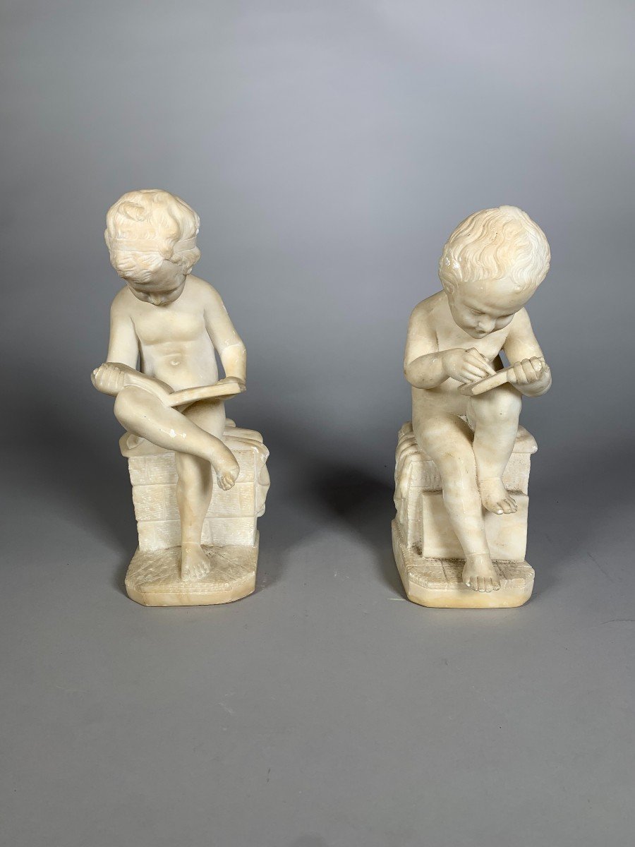 Two 19th Century Marble Sculptures The Child Scribe And The Reader After Lemire-photo-3