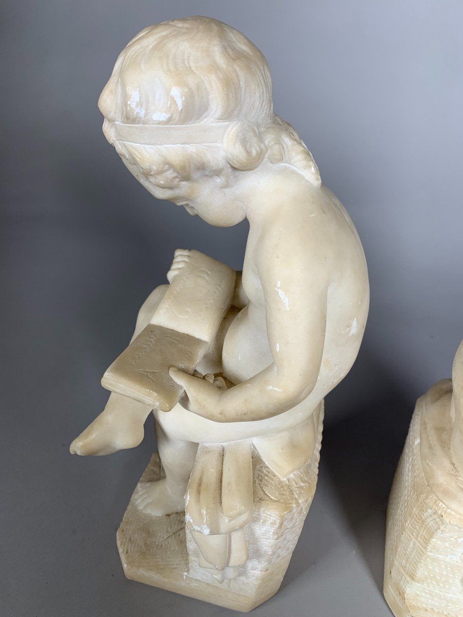 Two 19th Century Marble Sculptures The Child Scribe And The Reader After Lemire-photo-4