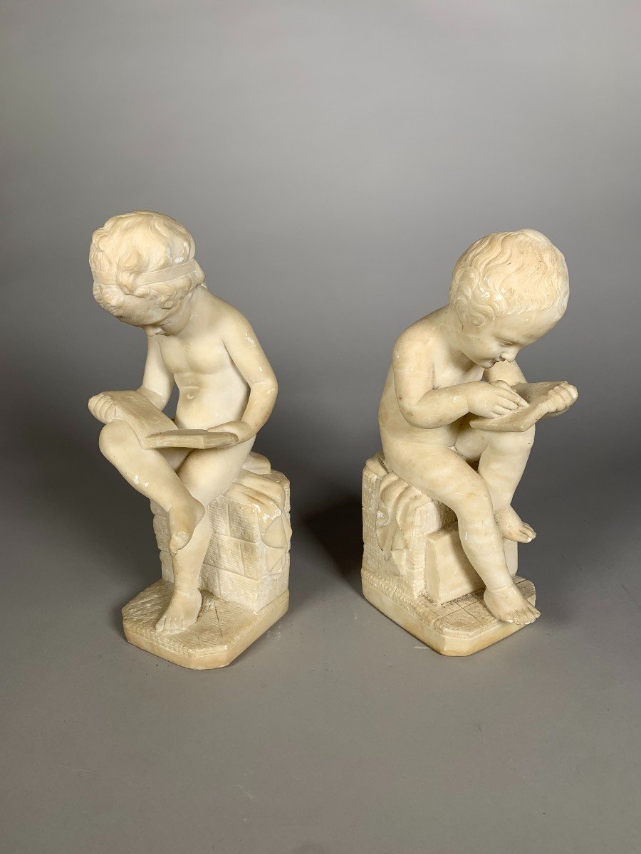 Two 19th Century Marble Sculptures The Child Scribe And The Reader After Lemire