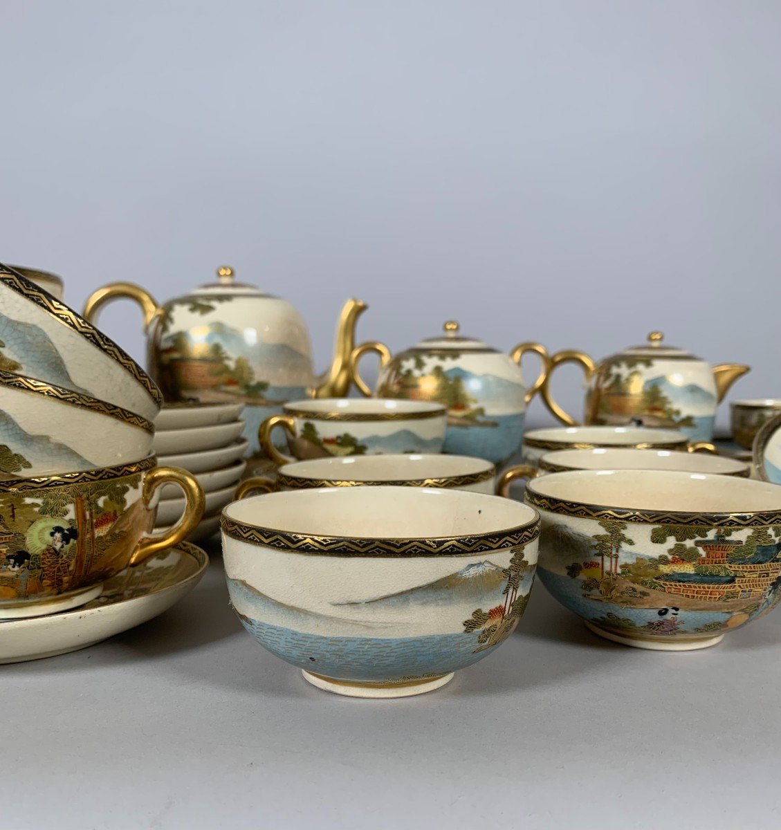  Important And Rare Complete Satsuma Earthenware Tea Set Meiji Era 19th Century Japan-photo-3