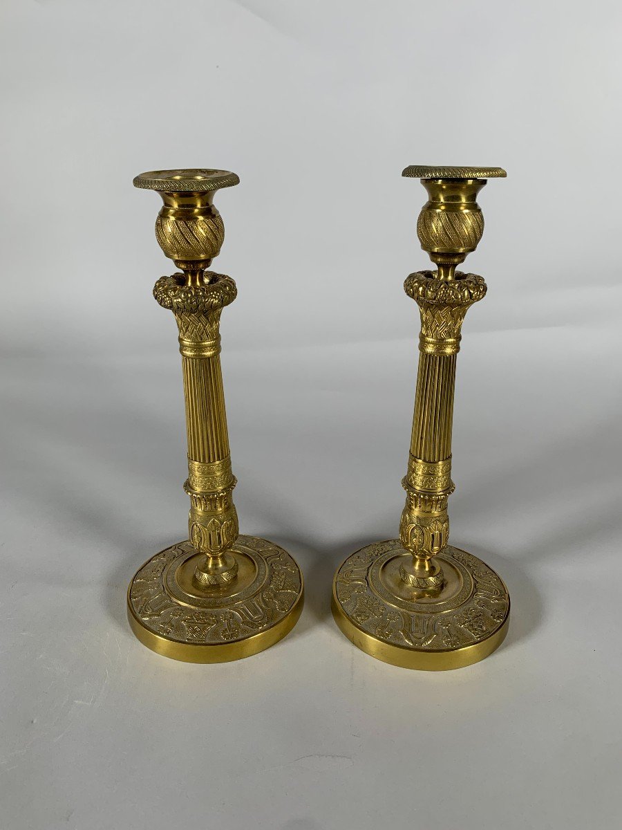 Pair Of Bronze Candlesticks "with Fruit Baskets" Empire Period 19th Century-photo-2