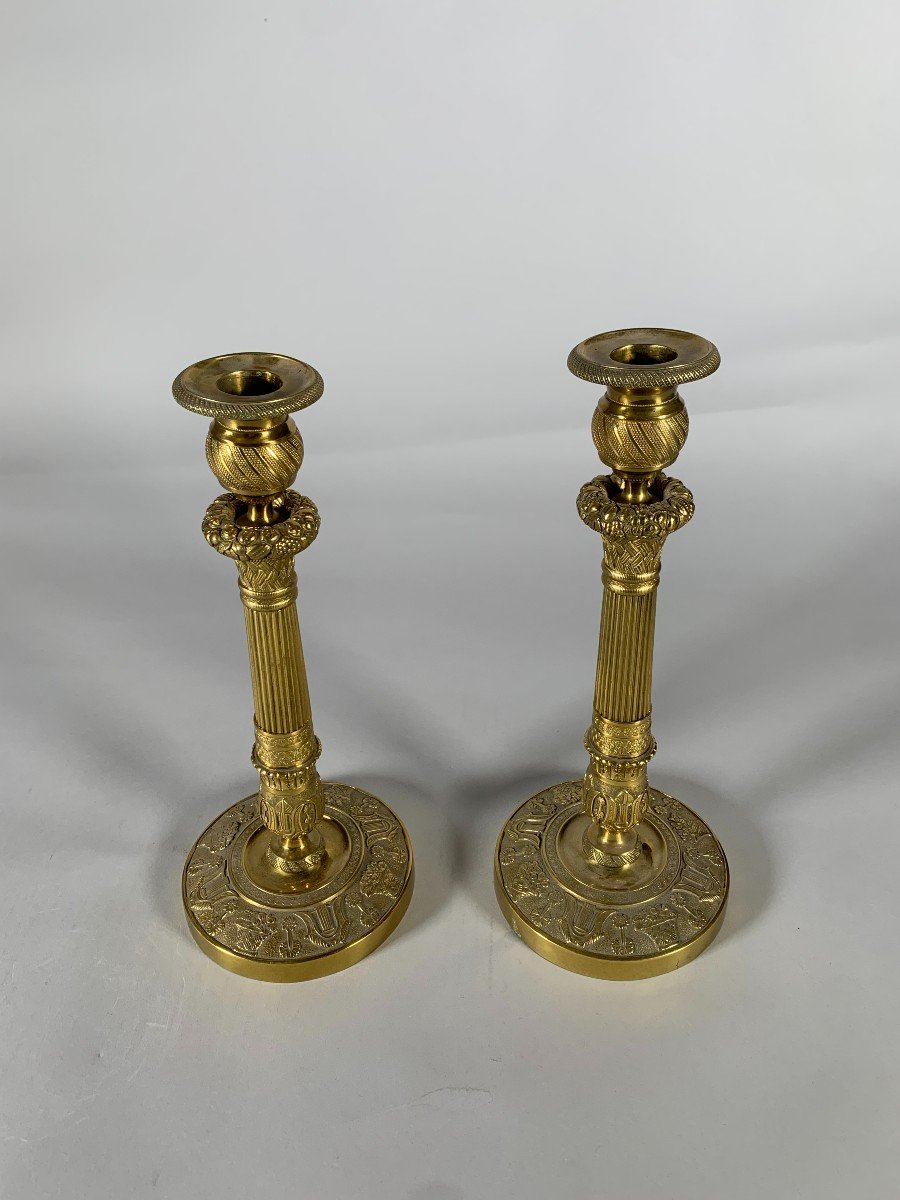 Pair Of Bronze Candlesticks "with Fruit Baskets" Empire Period 19th Century-photo-3