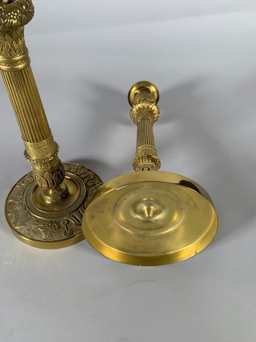 Pair Of Bronze Candlesticks "with Fruit Baskets" Empire Period 19th Century-photo-1