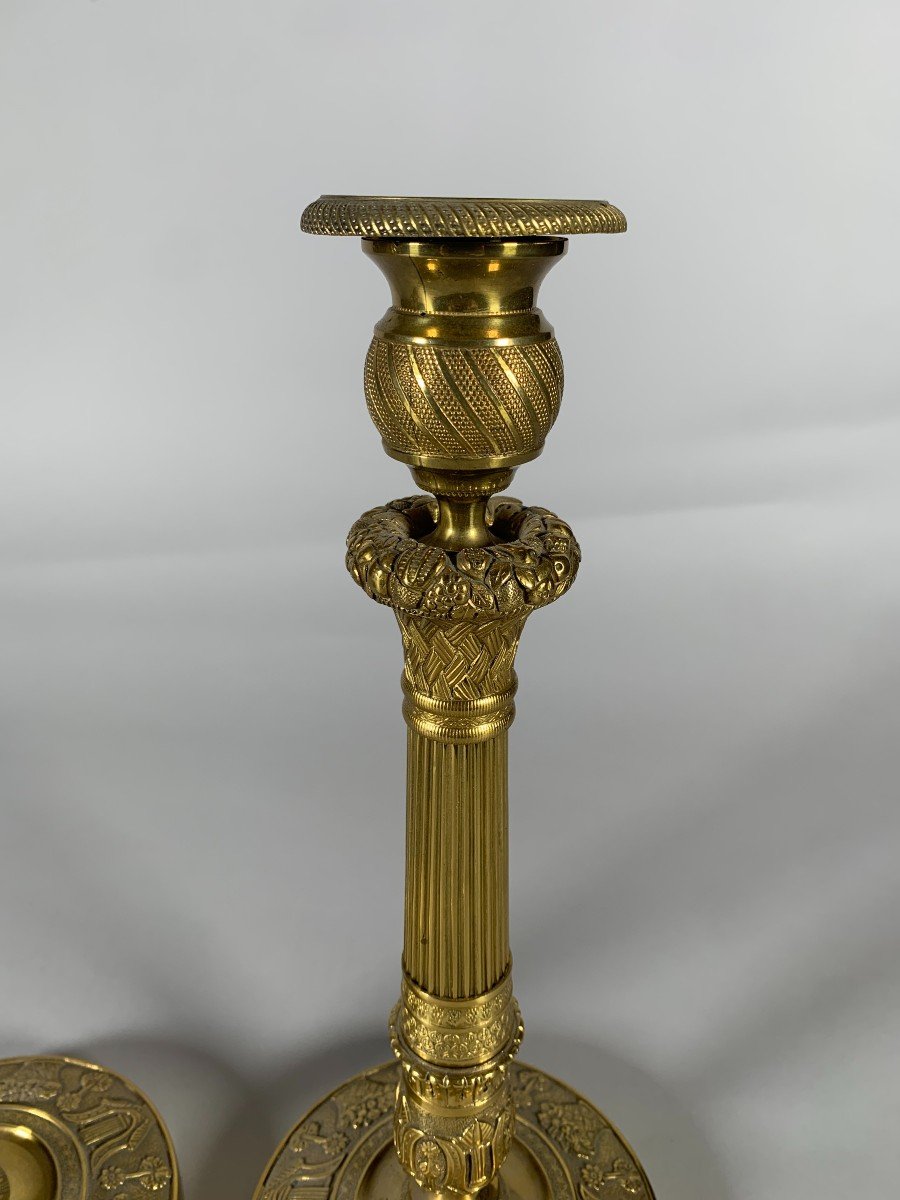 Pair Of Bronze Candlesticks "with Fruit Baskets" Empire Period 19th Century-photo-2