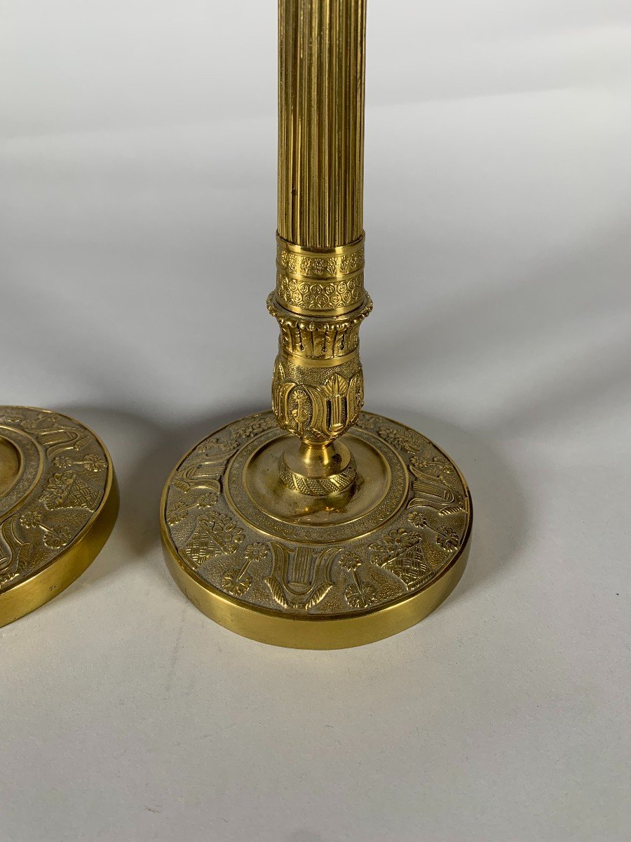 Pair Of Bronze Candlesticks "with Fruit Baskets" Empire Period 19th Century-photo-3