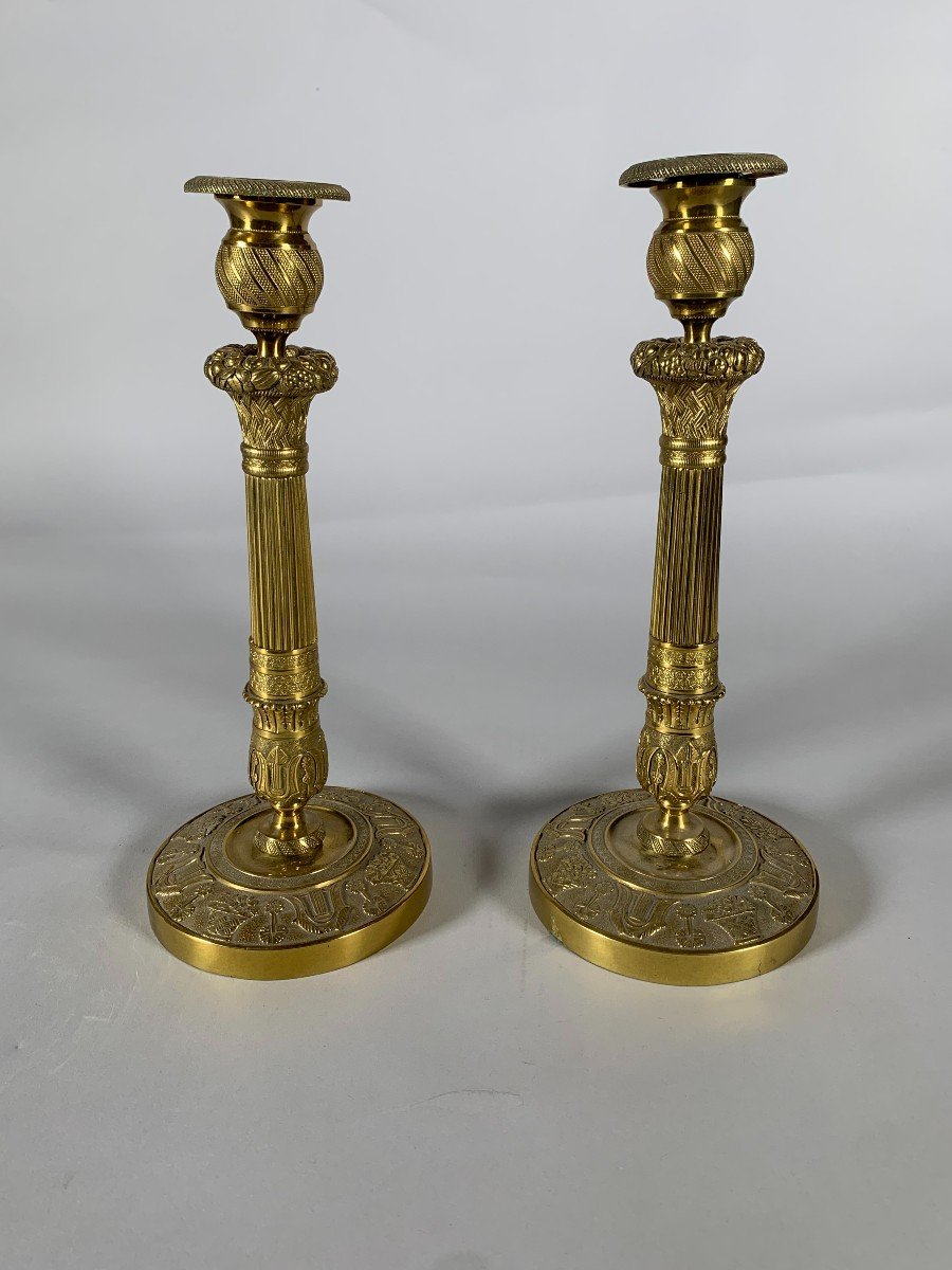 Pair Of Bronze Candlesticks "with Fruit Baskets" Empire Period 19th Century