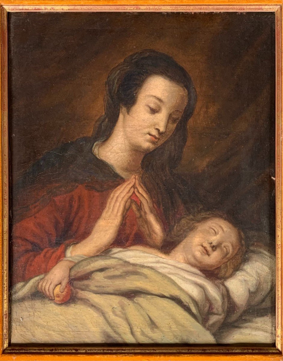 Ecole Francaise Vers 1680 Fin Du XVIIeme Siecle Huile Sur Toile Peinture Vierge à l'Enfant-photo-4