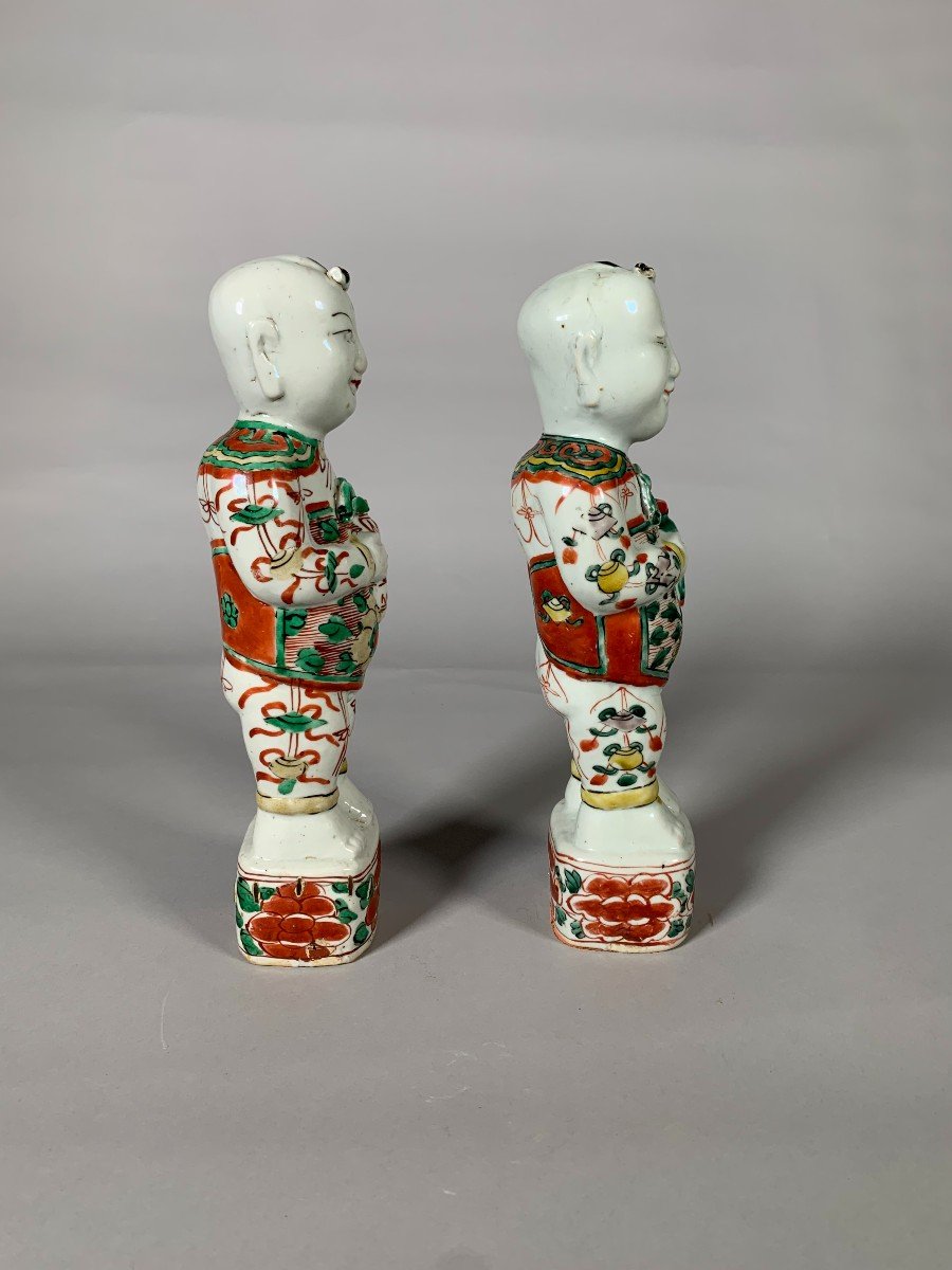 Paire De Statuettes Des Freres Hoho , Epoque Kangxi, XVIIIe Siècle Chine Famille Verte -photo-1