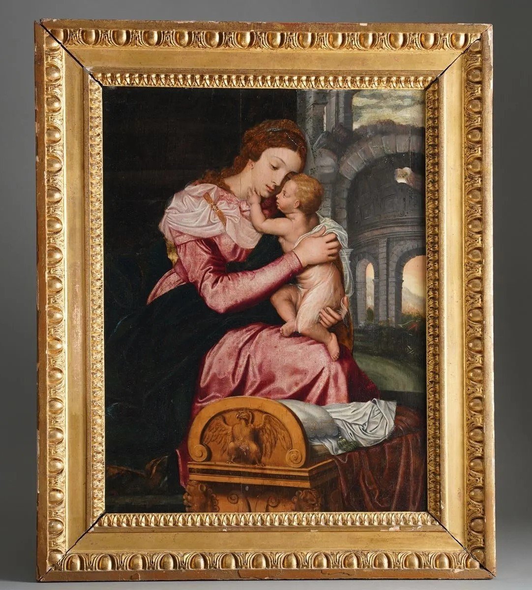  Willem Key (1516-1568 ) Vierge à l'Enfant, Pendant La Fuite En Egypte Huile Peinture XVIeme 