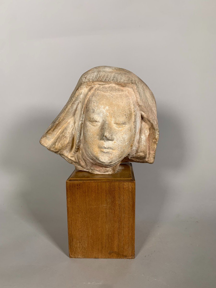 Sculpture Of A Head Of The Virgin Mary In Stucco In The Style Of The 15th Century Haute Epoque