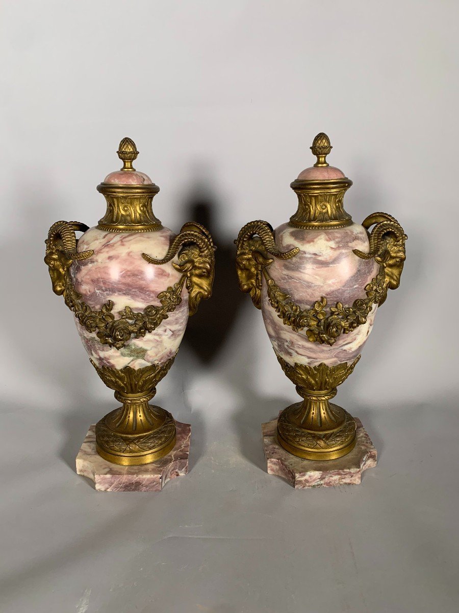 Paire De Cassolettes En Marbre Rose Et Bronze Doré Style Louis XVI-photo-4