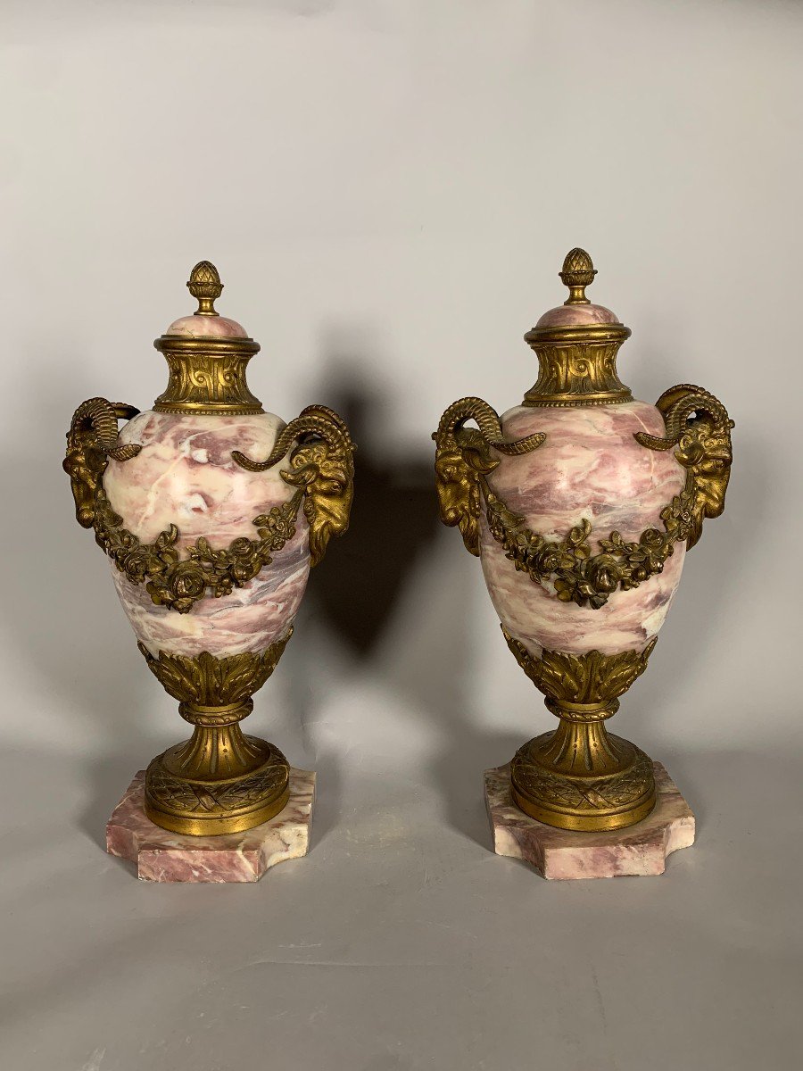 Paire De Cassolettes En Marbre Rose Et Bronze Doré Style Louis XVI