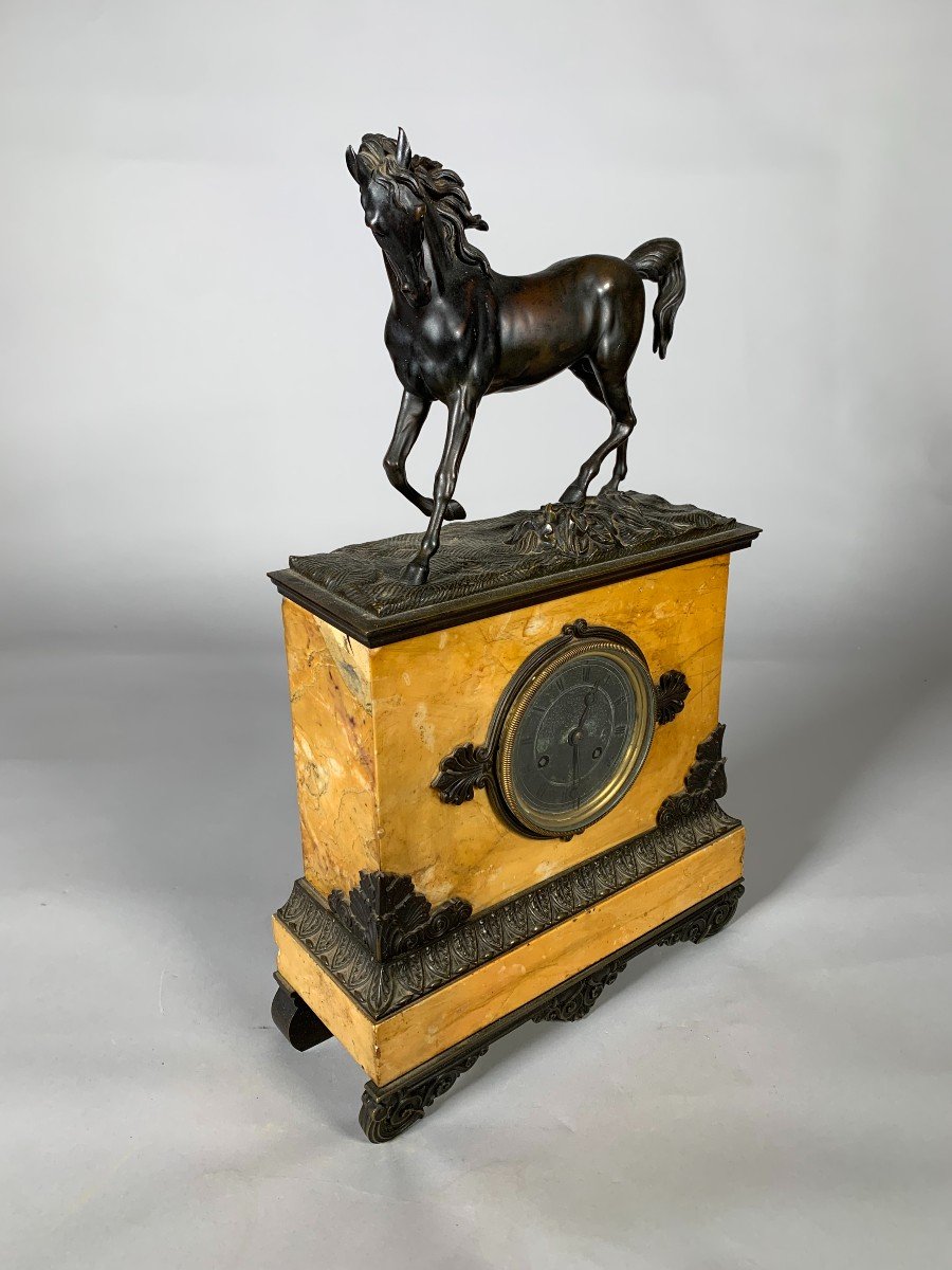 Charles X Style Fireplace Mantelpiece Horse Clock And Pair Of Cassolettes -photo-3